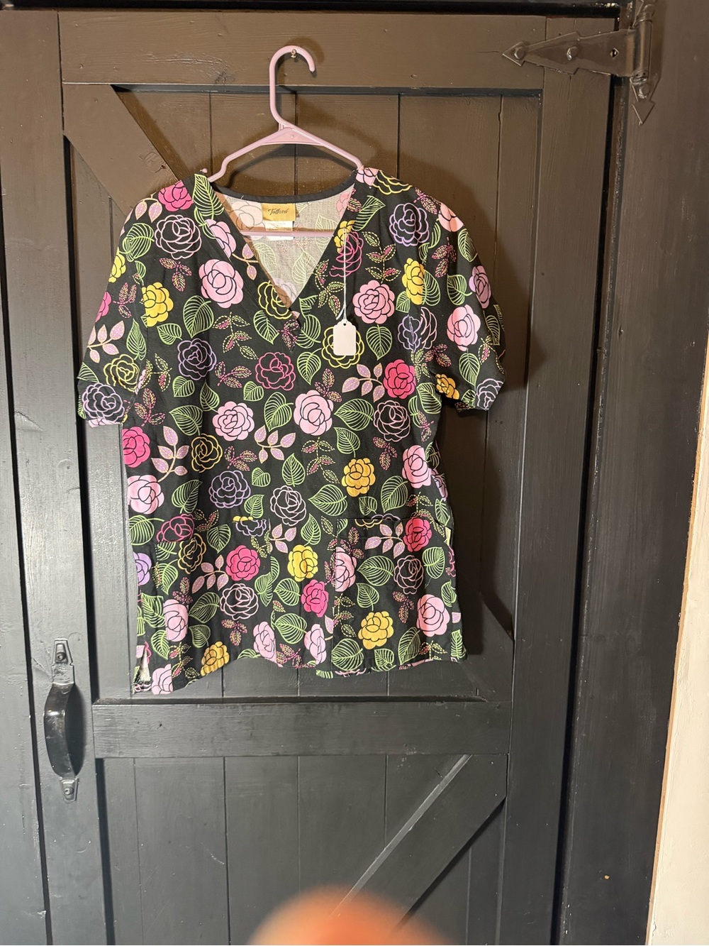 Tafford Scrub Black Floral V-Neck Short Sleeve Top with Pink Flowers